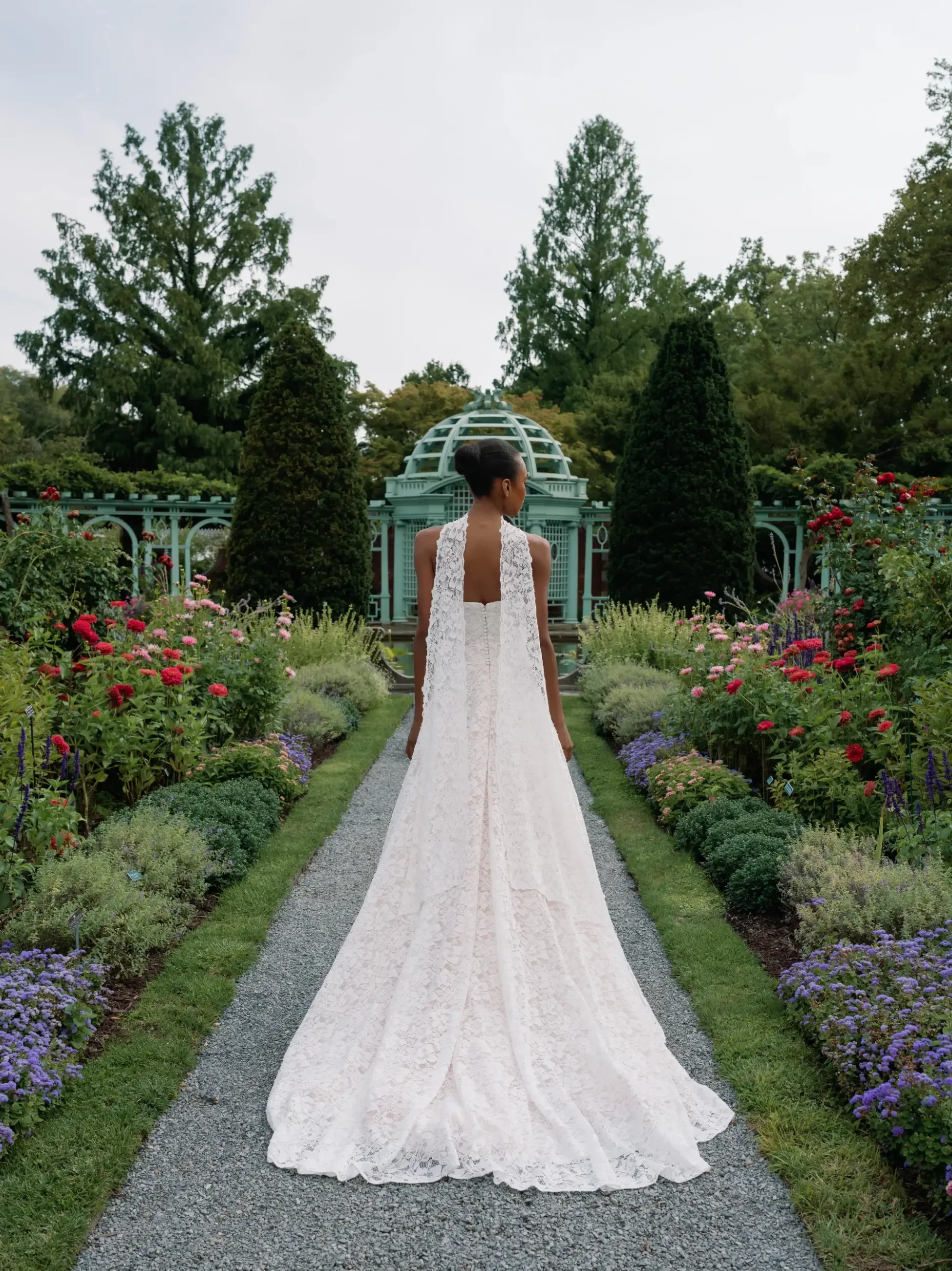 Model is wearing a cat eye neckline a-line wedding dress 