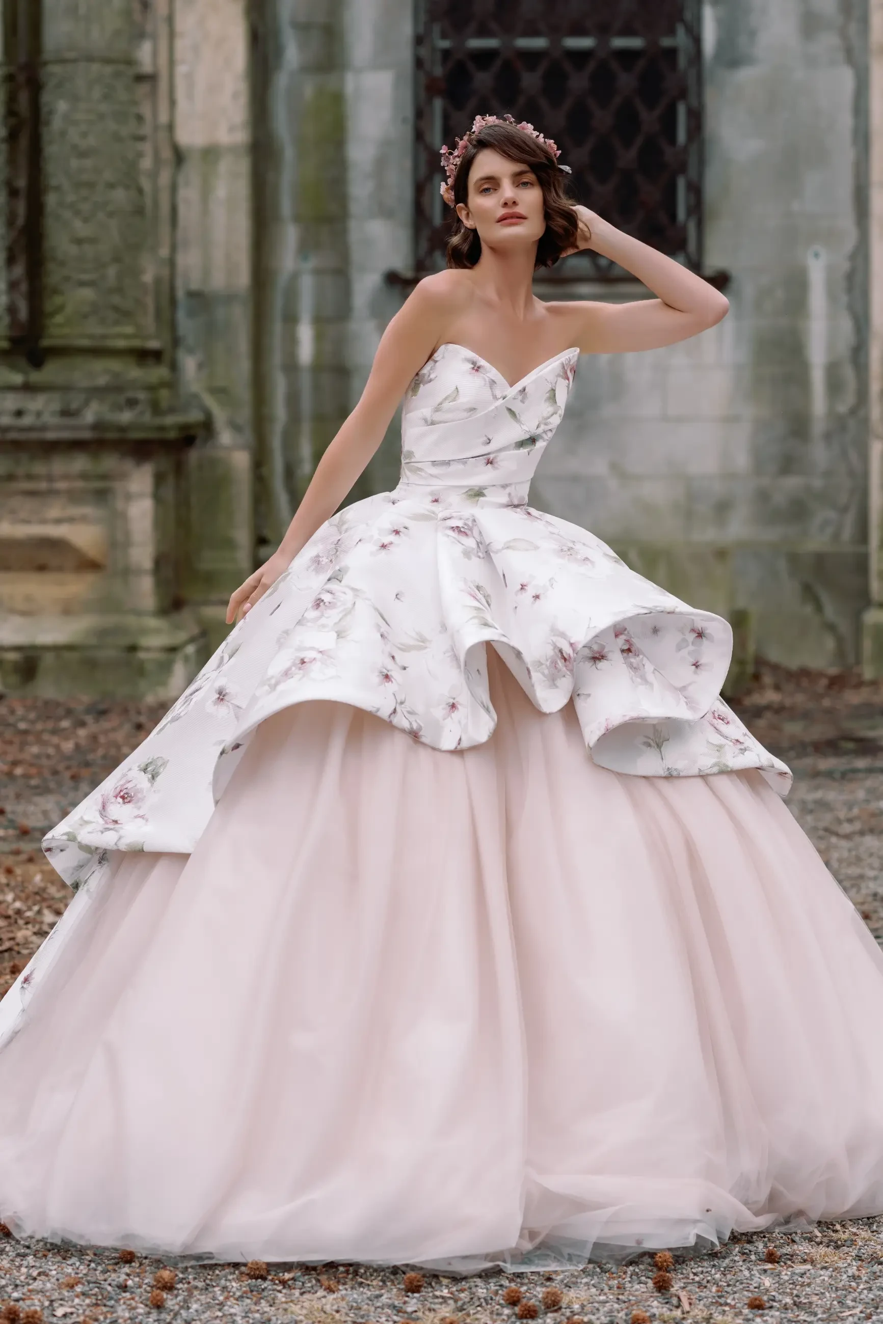 model is wearing a bold ball gown wedding dress from sareh nouri