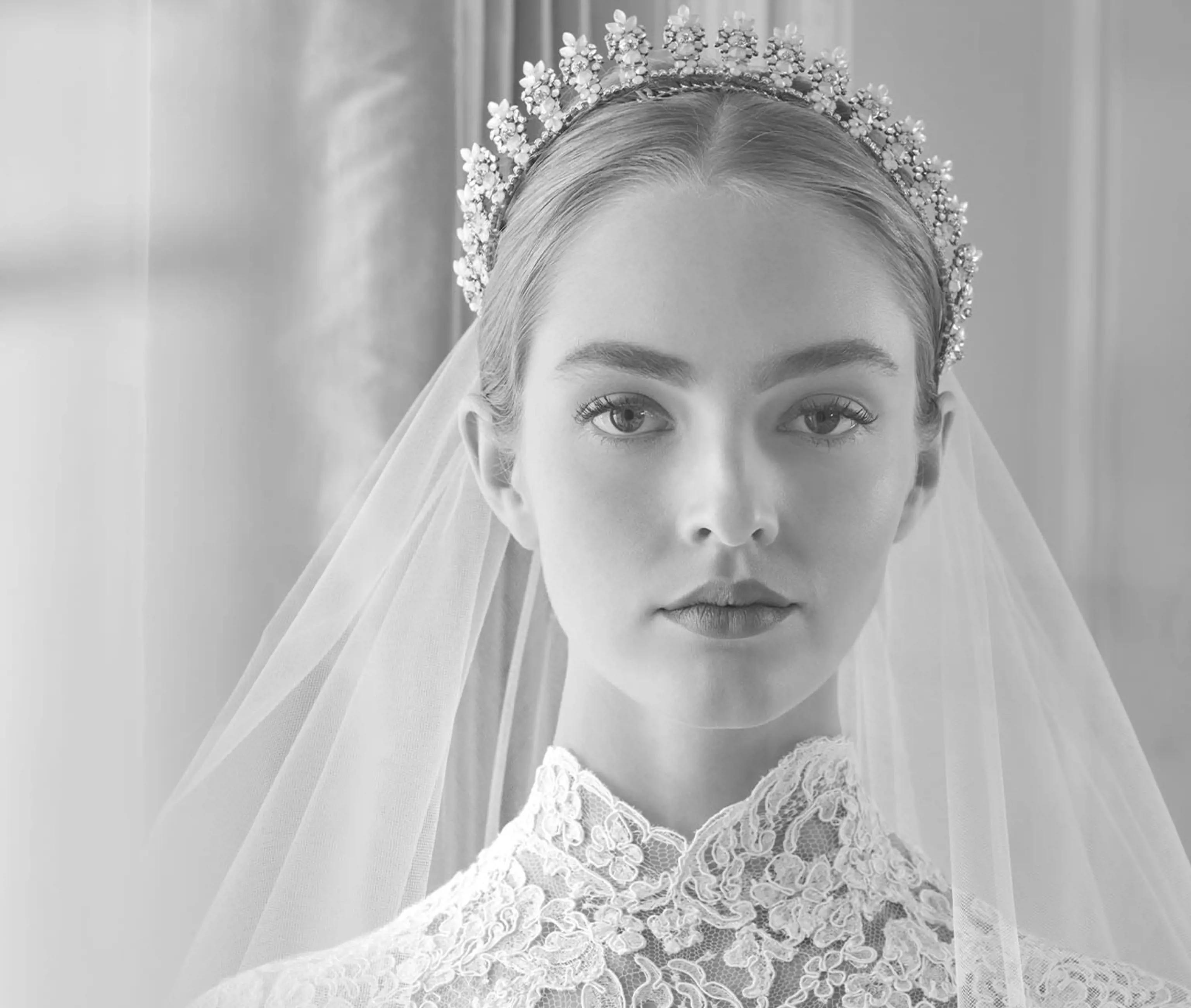 Model wearing a bridal gown grayscale
