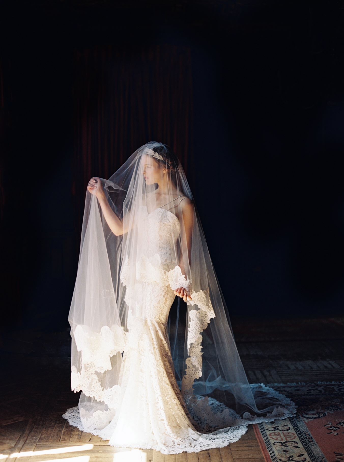 Model wearing a white bridal gown